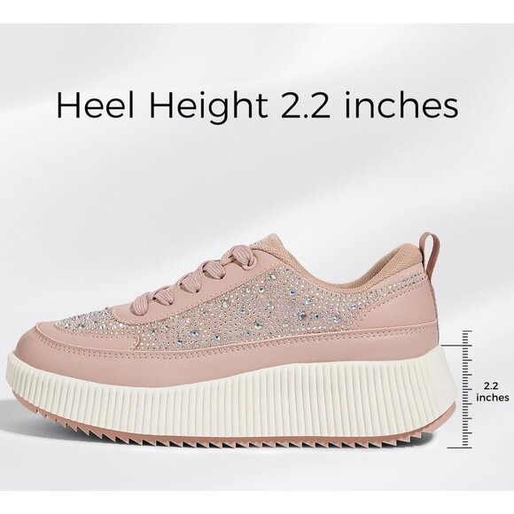 Lucky Step Women's Pink Rhinestone Platform Sneakers Fashion Chunky Shoes - Picture 4 of 6